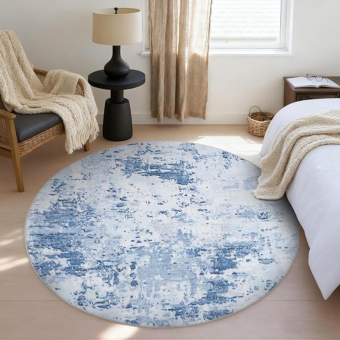 Modern Abstract 4x4 Round Area Rug Non Slip Non Shedding Rug Low Pile Stain Resistant for Bedroom Living Room Office Dining Room,Light Blue