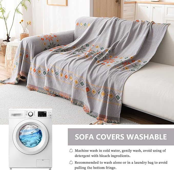 DREAMINGO Chenille Bohemian Sofa Cover 71x150, Grey Couch Cover for 3 Cushion Sofa, Geometric Jacquard Furniture Protector for Living Room, Washable Couch Slipcovers for Sectional