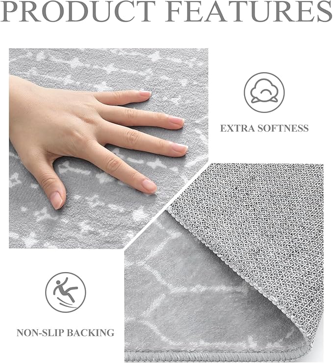 Lahome Moroccan Washable Rug Runner - 2x10 Non-Slip Runner Rug for Kitchen Stain Resistant Grey Carpet Runners for Hallway 10 Ft, Modern Geometric Print Soft Floor Carpet for Bathroom Entryway Foyer