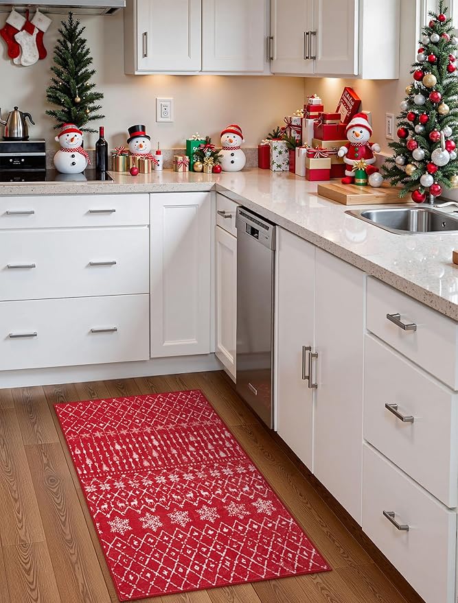 Lahome Christmas Door Mat 2x3 Red Entryway Rug Small Washable Area Rugs Non-Slip Indoor Entry Carpet Throw Soft Bathroom Mat, Snowflake Home Xmas Holiday Decor Thin Floor Doormat Carpet for Bedside