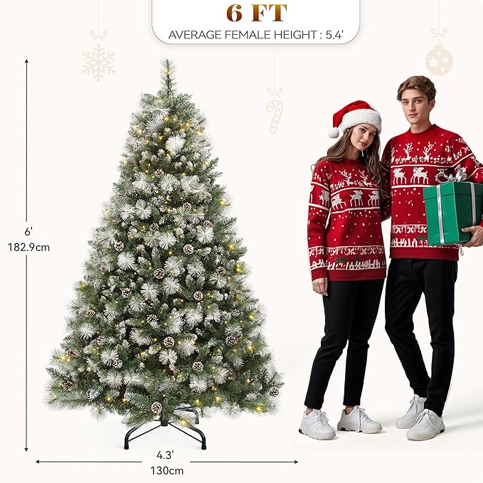 YITAHOME 6ft Prelit Scotch Pine Christmas Tree with Remote Control, Pre-Decorated Frosted Christmas Tree with Pine-Cones & Needles, Warm White/Multicolor Changing Lights for Home/Office