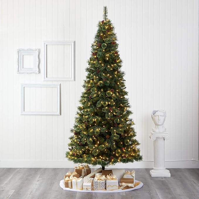 Nearly Natural 9ft. White Mountain Pine Artificial Christmas Tree with 650 Clear LED Lights and Pine Cones