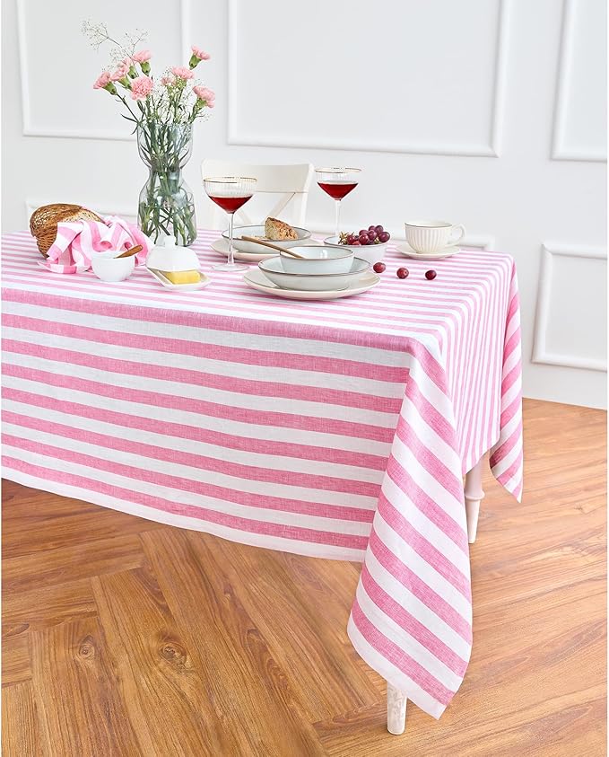 Solino Home Linen Striped Tablecloth 60 x 108 Inch - 100% Pure Linen Chateau Rose and White Table Cloth for Rectangle Tables - Sorrento Stripe, Machine Washable Tablecloth