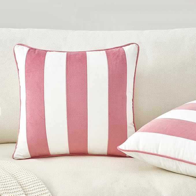 MONDAY MOOSE Decorative Throw Pillow Covers Cushion Cases, Set of 2 Soft Velvet Striped Piping Edge Designs, Pillow Inserts Not Included (Light Pink/White, 18x18 inch)