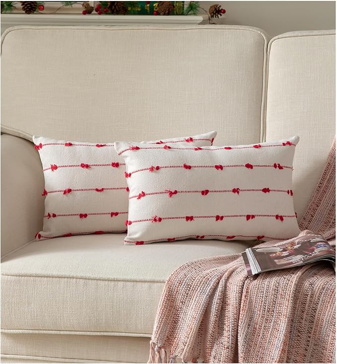 Caflife Boho Christmas Throw Pillow Covers 12x20 inches Beige and Red, Set of 2 Modern Farmhouse Holiday Decorative Pillow Covers for Couch Sofa Bed, Living Room