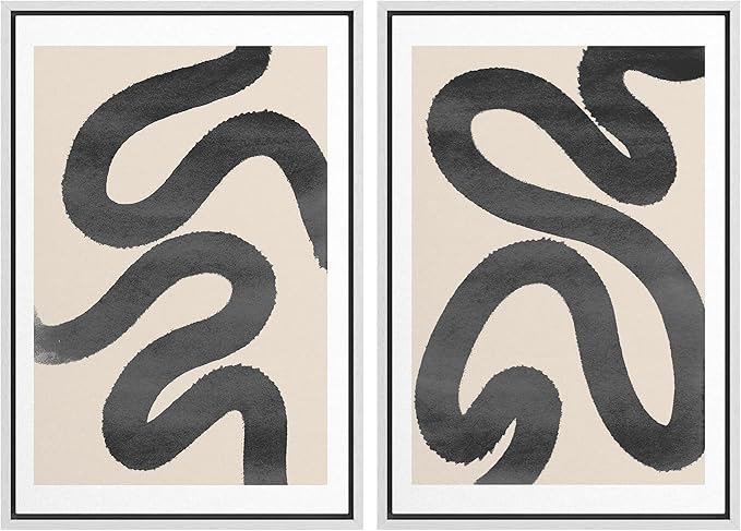 SIGNWIN Framed Wall Art Print Set Black Squiggly Lines Over Tan Background Abstract Swirly Digital Art Modern Art Mid-Century Modern Expressive for Living Room, Bedroom, Office - 16"x24"x2 White