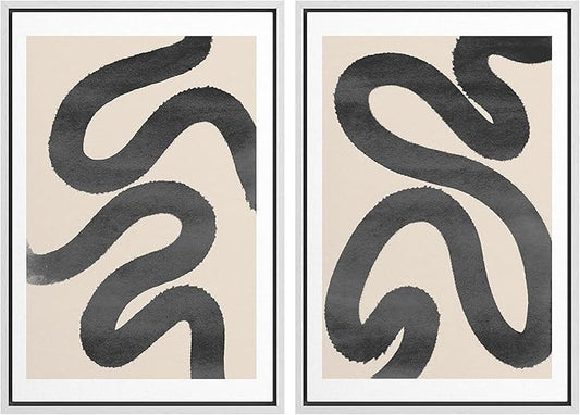 SIGNWIN Framed Wall Art Print Set Black Squiggly Lines Over Tan Background Abstract Swirly Digital Art Modern Art Mid-Century Modern Expressive for Living Room, Bedroom, Office - 16"x24"x2 White