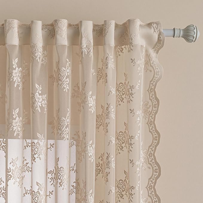 MEETSKY Boho Lace Sheer Curtains 45 Inch Length Vintage Victorian French Elegant for Kitchen Bathroom Cabinet Light Filtering Farmhouse Style Back Tab Rod Pocket Drapes, 50" W, 2 PCs, Oatmeal Beige