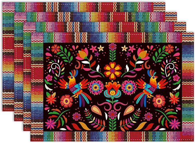 Mexican Cinco De Mayo Placemat Set of 4, 12x18 Inch Colorful Mexico Fiesta Talavera Floral Birds Dia De Los Muertos Day Vintage Coffee Table Mats for Outdoor Kitchen Dining Table Decoration