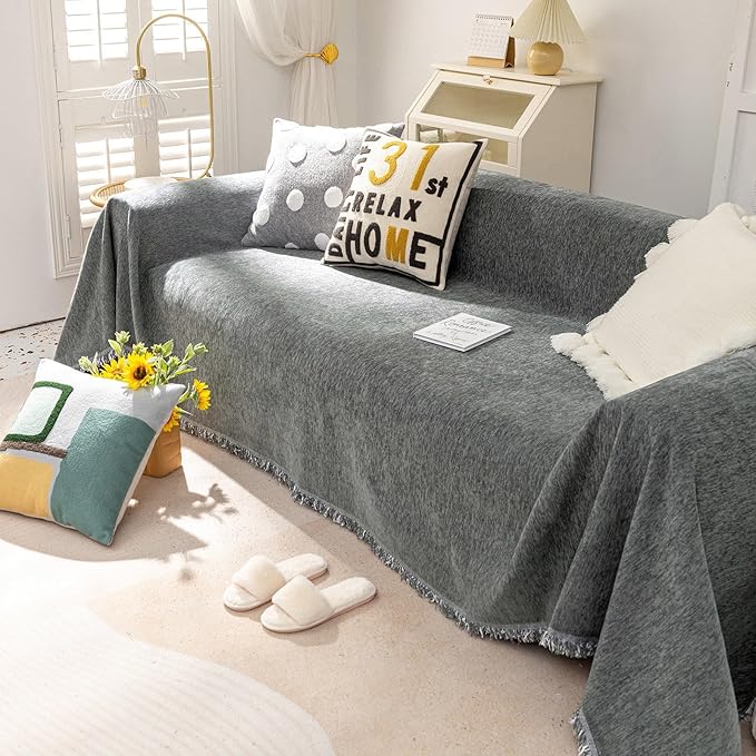 VClife Couch Covers for Sofa, Non Slip Sofa Covers for Dog Washable Couch Covers for 2 Cushion Couch Sofa with Tassel, Pet Sectional Sofa Covers Chenille Furniture Protector, Dark Gray, 91"x118"