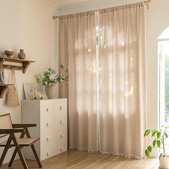 Sutuo Home Boho Curtains 63 Inches Long, Bohemian Linen Style Textured Curtains with Tassels for Living Room, Semi Blackout Farmhouse Drapes, Rod Pocket Window Treatments 2 Panels, 52" x 63", Coffee