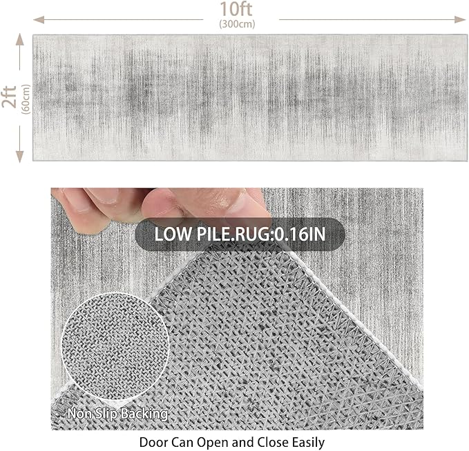 Enkor Runner Rugs for Hallway, 2x10 Washable Soft Non Slip Abstract Rugs for Kitchen, Modern Mat for Entryway Living Room Bedroom White & Grey
