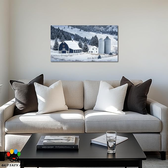 GUTTATY Christmas Winter Scene Canvas Wall Art, Barn Snow Farm Landscape Canvas Prints, Holiday Pictures Artwork, Blue White Country Wall Decor Poster for Living Room, Bedroom, Farmhouse, 40x20 Inch