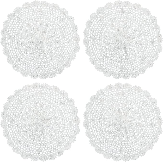 PHANTOMON Crochet Doilies Handmade Round Cotton Lace Table Placemats Knitted Tablecloth, Star Pattern Rippled Edge, Pack of 4 (12 Inch, White)