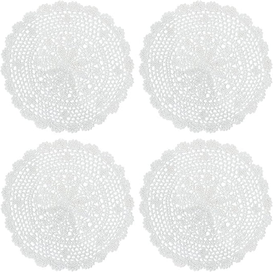 PHANTOMON Crochet Doilies Handmade Round Cotton Lace Table Placemats Knitted Tablecloth, Star Pattern Rippled Edge, Pack of 4 (12 Inch, White)