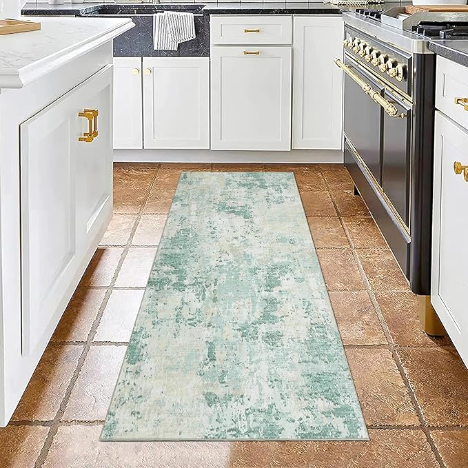 Modern Abstract 2x7 Runner Rug Washable Non Slip Stain Resistant Rug for Hallway Kitchen Bedroom Non Shedding Low Pile Indoor Floor Cover,Green