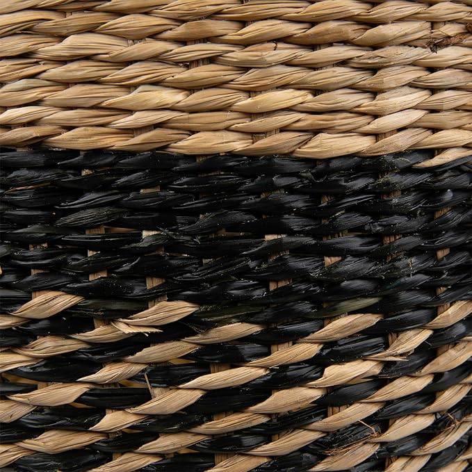 Woven Table and Floor Cylindrical Seagrass Baskets - Black and Beige - Set of 3