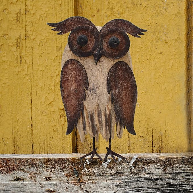 K KILIPES Rustic Owl Decorations - Metal & Wood Owl Figurines (8.5" H) for Home Tabletop Ornaments & Collectibles