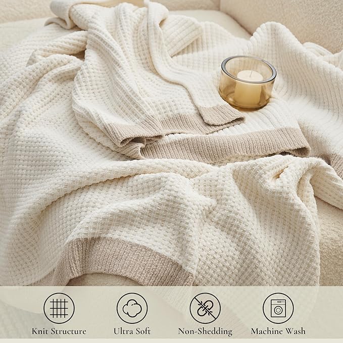 Amélie Home Waffle Blanket Queen Size for Bed, Soft Cozy Chenille Knit Blanket Warm Decorative for Bedroom, 90"x90", Ivory