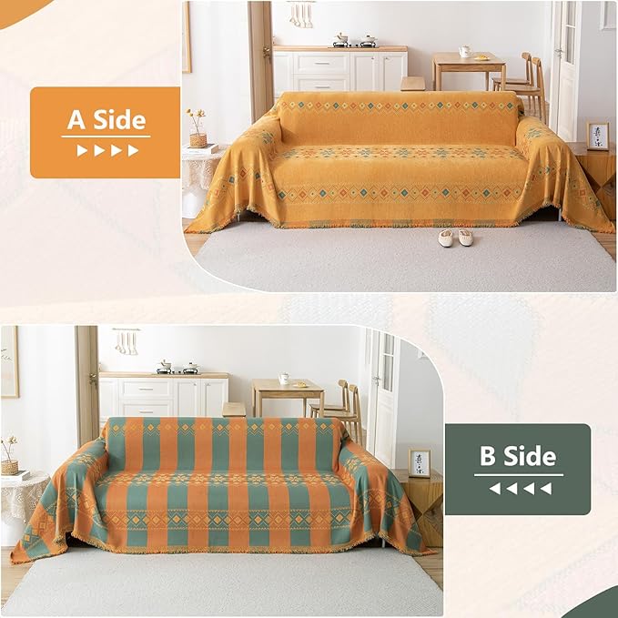 DREAMINGO Orange Boho Sofa Cover Chenille Couch Cover Blanket Vintage Bohemian Sofa Covers for 3 Cushion Couch Geometric Jacquard Sectional Couch Covers for Dogs Washable Futon Slipcover, 71"x150"