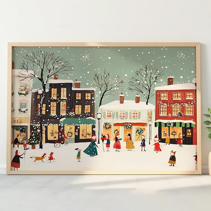 OZCONO Retro Christmas Village Art, Festive Winter Town Decor, Cheerful Holiday Home Accent, Snow Noel Print, Charming Seasonal Wall Artwork for Cozy Interior Style (Unframed) (27x40)