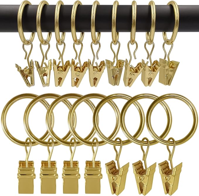 100 Pack Metal Curtain Rings with Clips, Drapery Clips with Rings, Drapes Rings 1 inch Inner Diameter, Fits Diameter 5/8 inch Curtain Rods, Gold Color