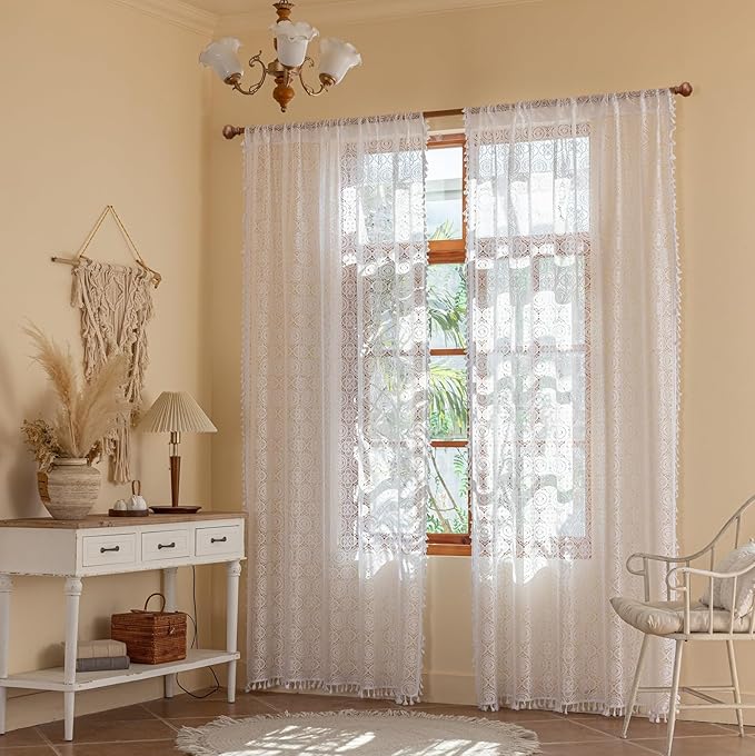 White Lace Curtains 84 Inches Long 2 Panel Sets Farmhouse Retro Crochet Sheer Curtain with Tassel Rod Pocket Light Filtering Privacy Sheer Curtain for Closet Door Living Room Window 59 x 84 Inch