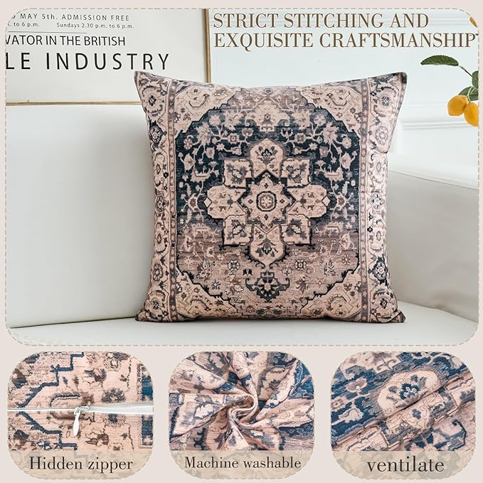 Boho Throw Pillow Covers 24x24 inch Set of 2,Boho Vintage Carpet Pattern Antique Ethnic Decor Double Sided Pattern Cushion Cover Soft Pillow Case Living Sofa Room Bed Square Pillow Cover