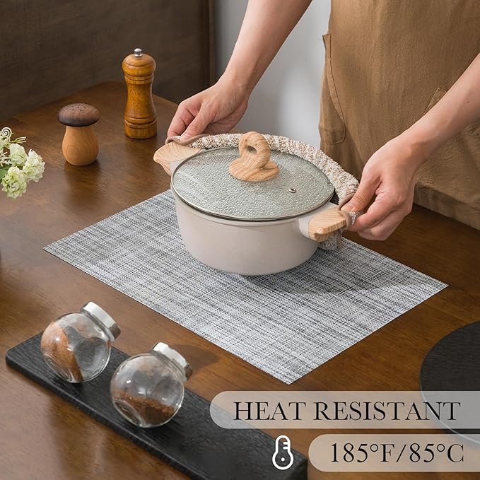 BACKTOEDEN Placemats Set of 6 Heat Resistant Washable Wipeable Placemat Woven Non-Slip Foldable Vinyl/Plastic Place Mats Indoor/Outdoor Mat Kitchen Dining Table Pad, Gray