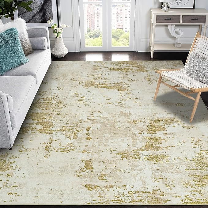 Modern Abstract Area Rug 10x13 Non Slip Non Shedding Rug Low Pile Stain Resistant for Bedroom Living Room,Golden Grey