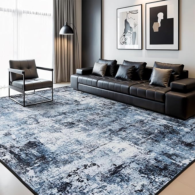 Rugflix 4x6 Area Rug for Living Room, Washable Non-Slip Stain-Resistant Low Pile, Modern Dark Carpet for Dining Room/Home Office/Kid Room/Nursery/Bedroom, Navy Blue/Black