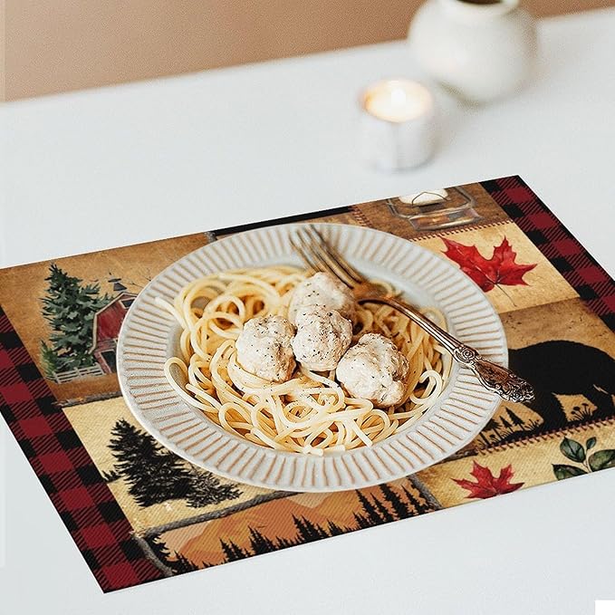 Retro Bear Placemat Set of 6, 12x18 Inch Rustic Farmhosue Green Buffalo Plaid Wildlife Paw Print Forest Tree Cabin Country Lodge Coffee Table Mats for Outdoor Kitchen Dining Table Decoration