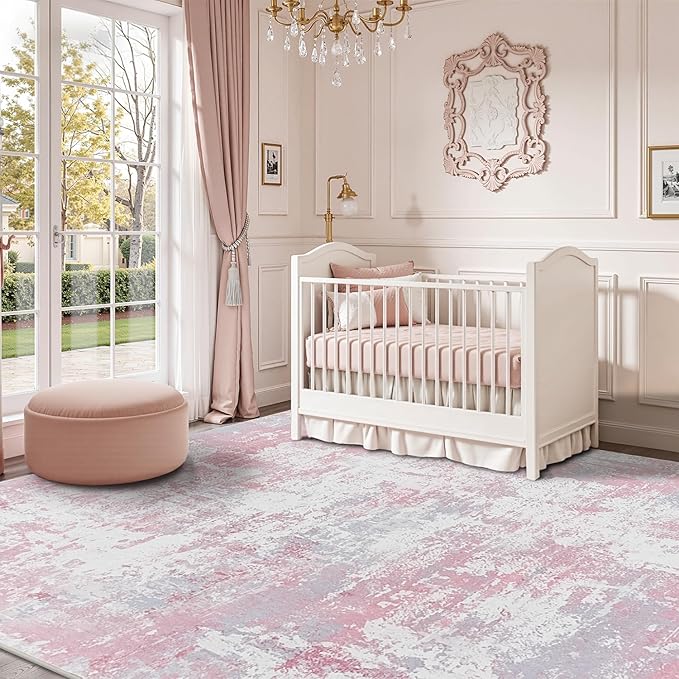 Rugflix 8x10 Area Rugs for Living Room, Washable Large Rug Stain-Resistant Low Pile, Modern Carpet for Dining Room Home Office Kid Room Nursery Bedroom, Pink Grey