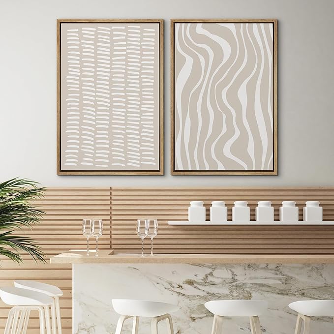 SIGNWIN Framed Canvas Print Wall Art Set Tan White Geometric Stripe Collage Abstract Shapes Cozy Neutral Modern Art Minimal Boho Relax/Calm for Living Room, Bedroom, Office - 24"x36"x2 Natural