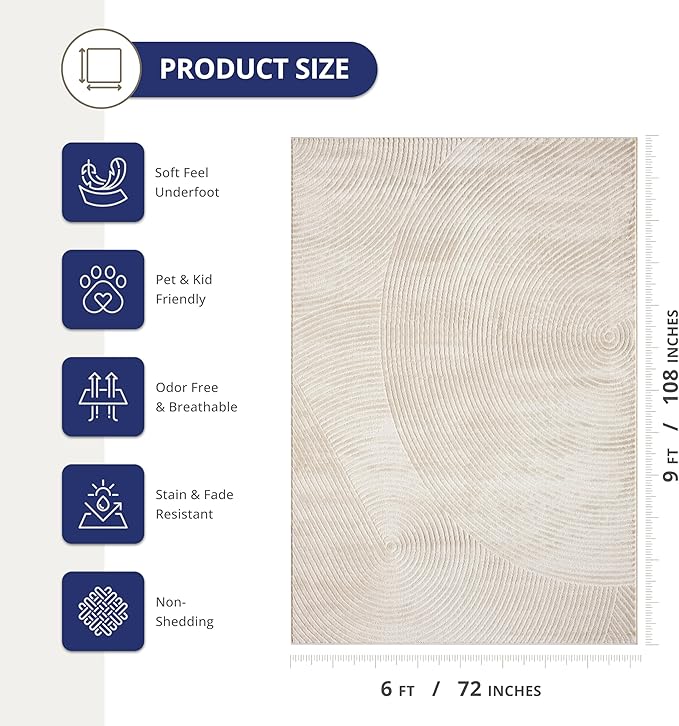 Abani Neutral Beige Area Rug 6' x 9' for Living Room, Bedroom - Zen Reiki Circles Pattern - Durable & Easy to Clean