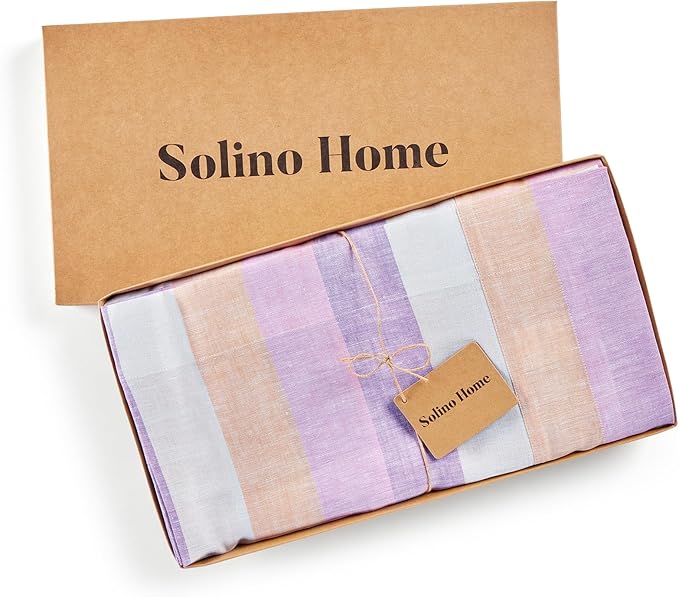 Solino Home Linen 60 Inch Round Tablecloth - 100% Pure Linen Multicolor Gelato Stripe Round Tablecloth - Machine Washable Table Cloth