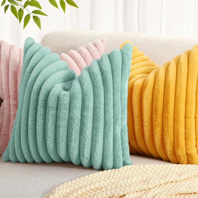decorUhome Faux Fur Christmas Throw Pillow Covers 12x20 Set of 2, Decorative Soft Plush Striped Lumbar Neutral Couch Euro Pillow Covers with Velvet Back for Sofa, Bed, Living Room Home Decor, Aqua