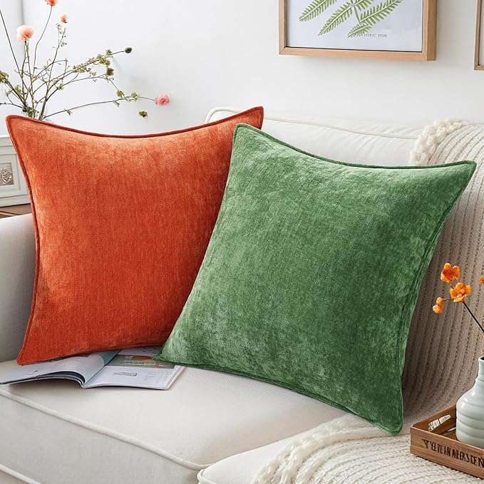 decorUhome Christmas Couch Throw Pillow Covers 24x24 Set of 2, Decorative Soft Euro Velvet Neutral Chenille Pillow Covers with Elegant Design for Sofa Bed Living Room Home Decor, Moss Green
