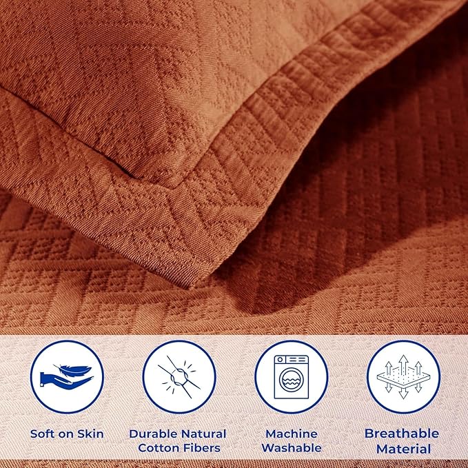 Superior 100% Cotton Basket Weave Bedspread with Shams, All-Season Premium Cotton Matelasse Jacquard Bedding, Quilted-Look Geometric Basket, King, Mandarin