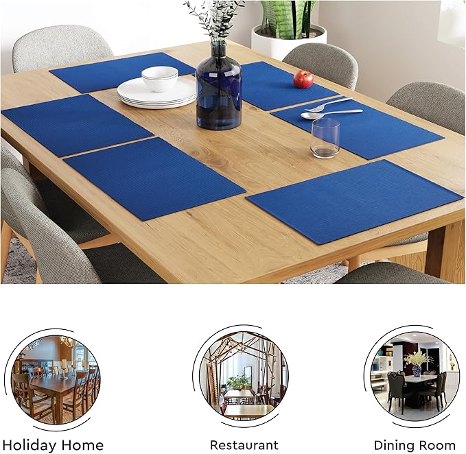 Encasa XO Dining Placemat Set of 6 | Solid Solid Blue Color | Fine Ribbed Cotton Table mat | Size 19x13 in |for Dining Table Fall Decoration, Holiday & Christmas Festivals - Machine Washable
