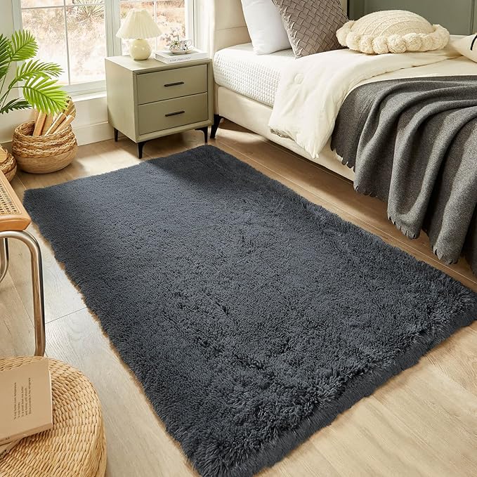 Floralux Area Rugs for Living Room, Dark Grey, 4x6 Rug for Bedroom, Fluffy Shag Shaggy Soft Carpet, Non-Slip Indoor Floor Carpets for Nursery, Kids Baby Boys Teen Dorm Home Decor Aesthetic