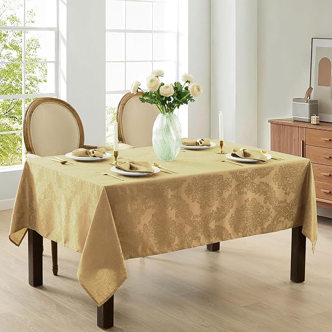 Newbridge Barcelona Damask Fabric Tablecloth, 60 x 102 Inch Rectangle, Gold – No Iron, Soil Resistant Table Cover for Dining, Parties and Holidays