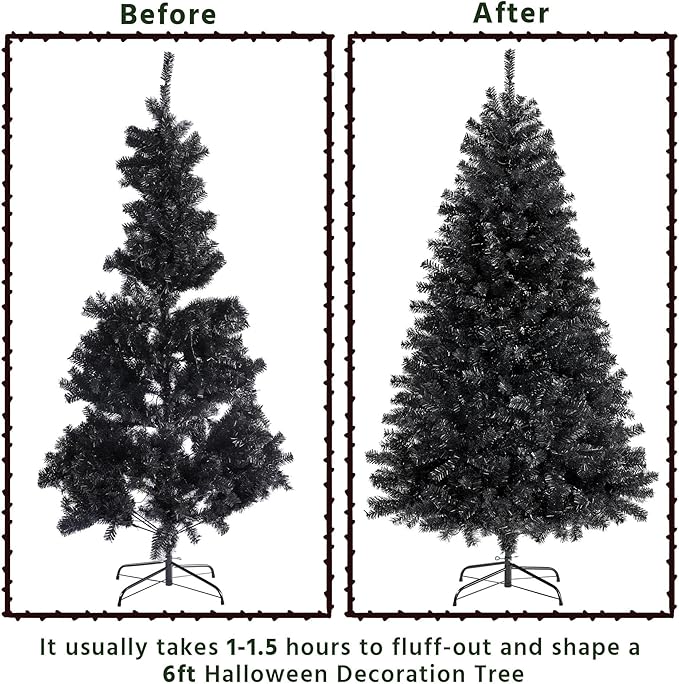 Yaheetech 6ft Pre-lit Halloween Black Spruce Artificial Hinged Christmas Pine Tree Prelighted Xmas Tree for Home Party Holiday Decoration with 300 Clear Warm White Lights and 818 Branch Tips, Black