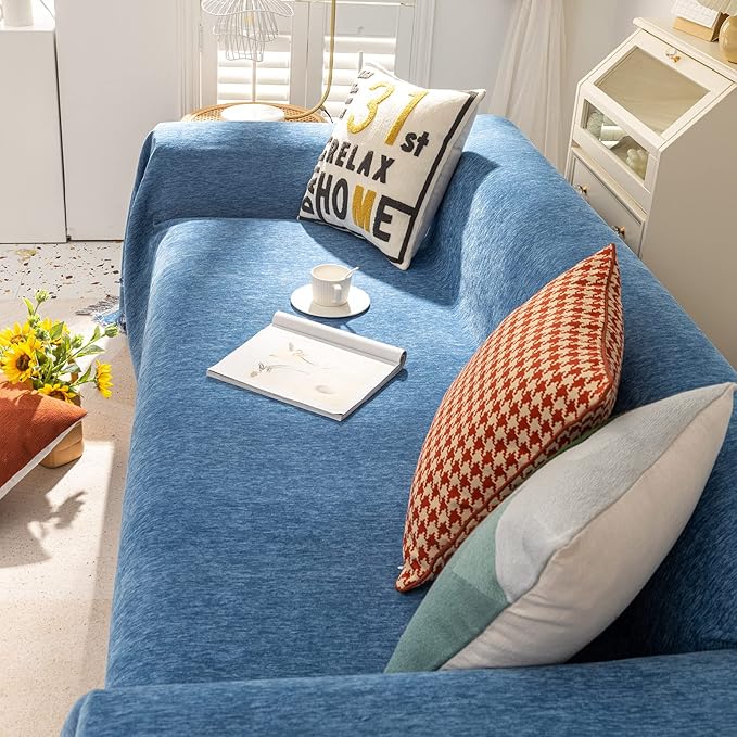 VClife Couch Covers for Dog Chenille Couch Cover Throw with Tassel, Pet Friendly Sofa Covers Furniture Protector, Soft Couch Cover for Small Loveseat Washable Blue Couch Cushion Cover, 71"X102"