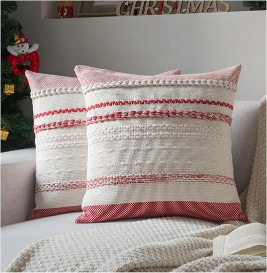 Christmas Pillow Covers 20x20 Inch Set of 2, Red Textured Boho Christmas Decorative Couch Pillow Cases for Farmhouse Home Decor, Accent Cushion Cover for Sofa, Bed, Living Room, Bedroom