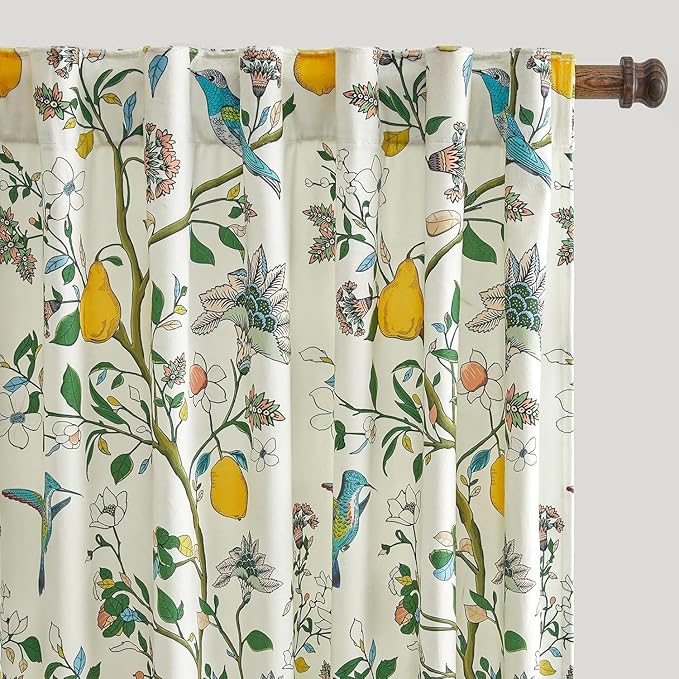 MUSSEL Velvet Whimsical Floral Curtains 63 inches Long,White Luxury Botanical Room Darkening Curtain Drapes,2 Panels Mid Century Hummingbird Art Deco Window Curtains for Living Room Bedroom