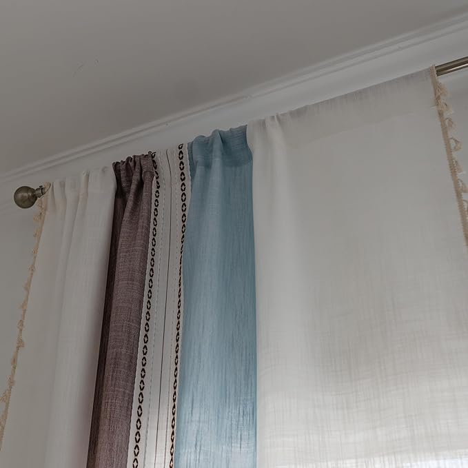 Sutuo Home Boho Curtains 72 inches for Bedroom Living Room, Semi Blackout Linen Farmhouse Tassels Window Treatment Bohemian Embroidery Drape, Rod Pocket 1 Panel 52" W x 72" L, Brown Blue Striped Linen