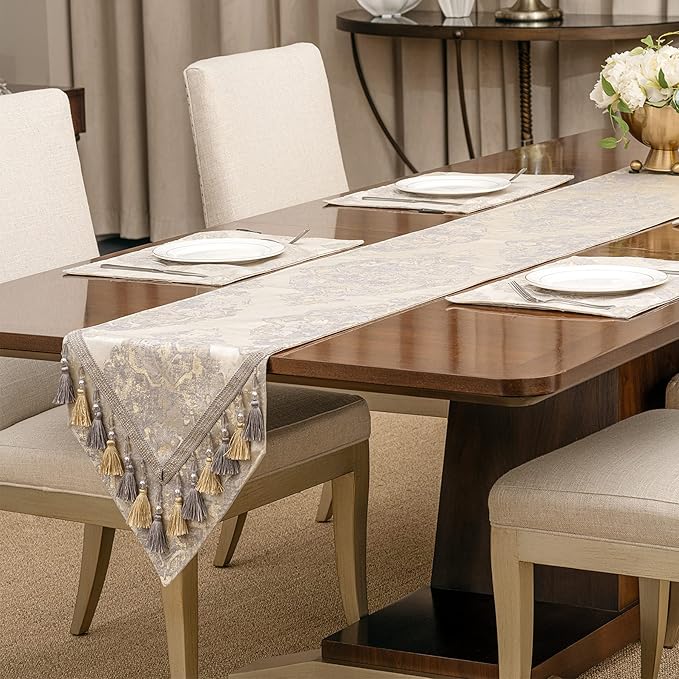 Loom and Mill Luxury Table Runner 90 inches Long, Elegant Damask Jacquard Table Runners with Handmade Multi-Tassels for Dining Room Dresser Party Holiday Banquet Decoration(Beige, 13x90 inch)