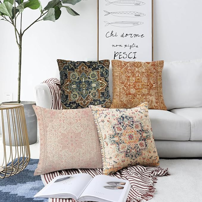 Boho Throw Pillow Covers 24x24 inch Set of 2,Boho Vintage Carpet Pattern Antique Ethnic Decor Double Sided Pattern Cushion Cover Soft Pillow Case Living Sofa Room Bed Square Pillow Cover