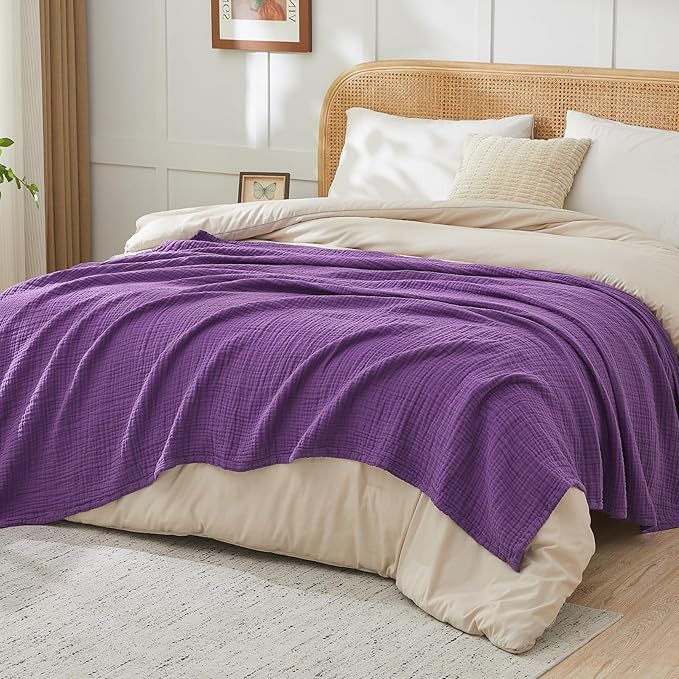 EMME Cotton Muslin Twin XL Blanket Breathable Gauze Blanket Soft Lightweight Blankets Adults Gifts for Women (Purple, 66"x90")